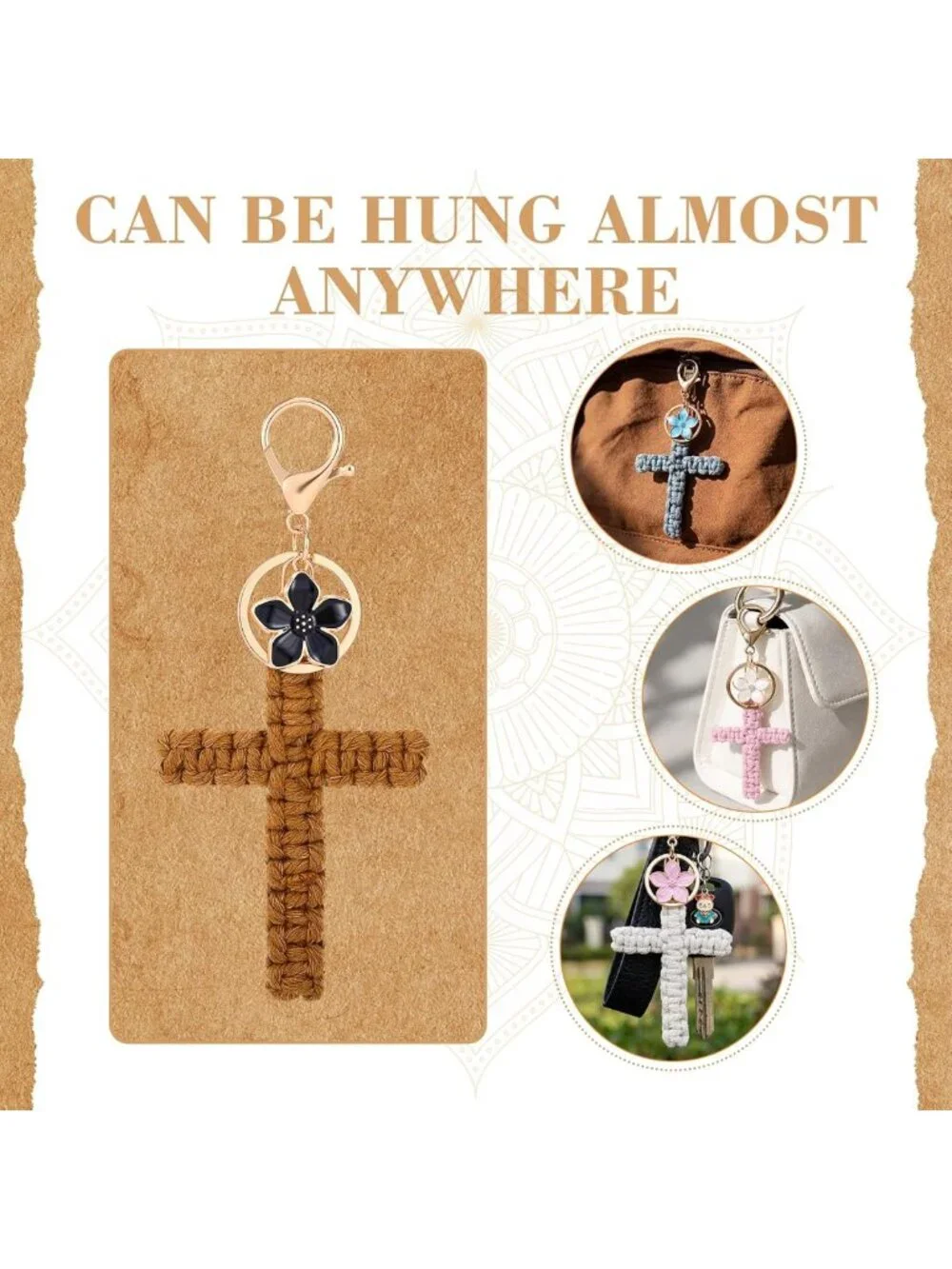 12 Macrame Cross Keychains Set with Inspirational Cards & Flower Charm - Boho